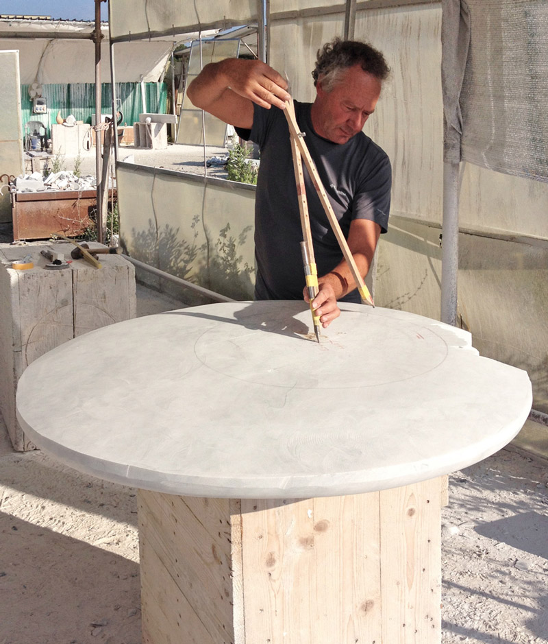 Luc verbeke working on his Atelier in Carrara, Italy